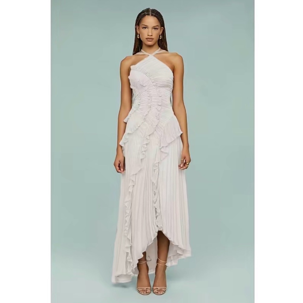 Elegant White Halter Ruffle Maxi Dress